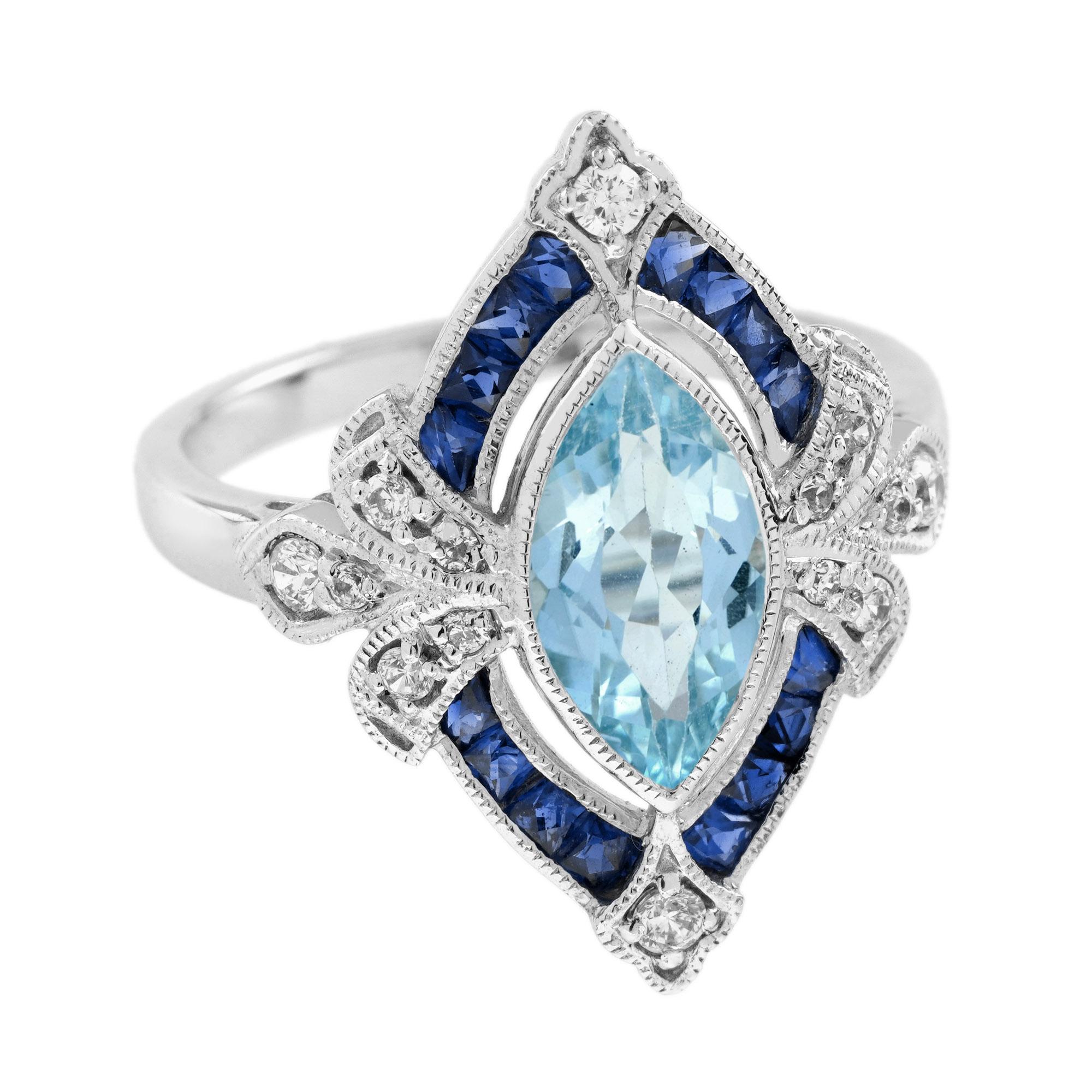 Il est temps d'occuper le devant de la scène. Cette fabuleuse aigue-marine marquise bleue de 1 carat, scintillante et éblouissante, brille autour de sa forme élancée avec des saphirs bleus de taille française, ponctués d'épaules serties de diamants.