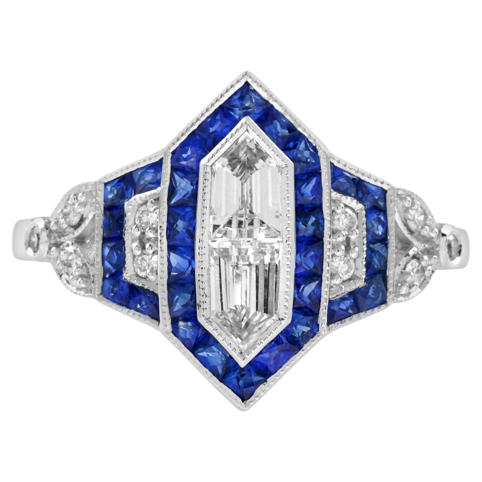 Anello in oro bianco in stile Art Deco con diamanti e zaffiri blu incastonati a raggiera