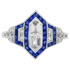 Diamond Illusion Set & Blue Sapphire Halo Art Deco Style White Gold Ring