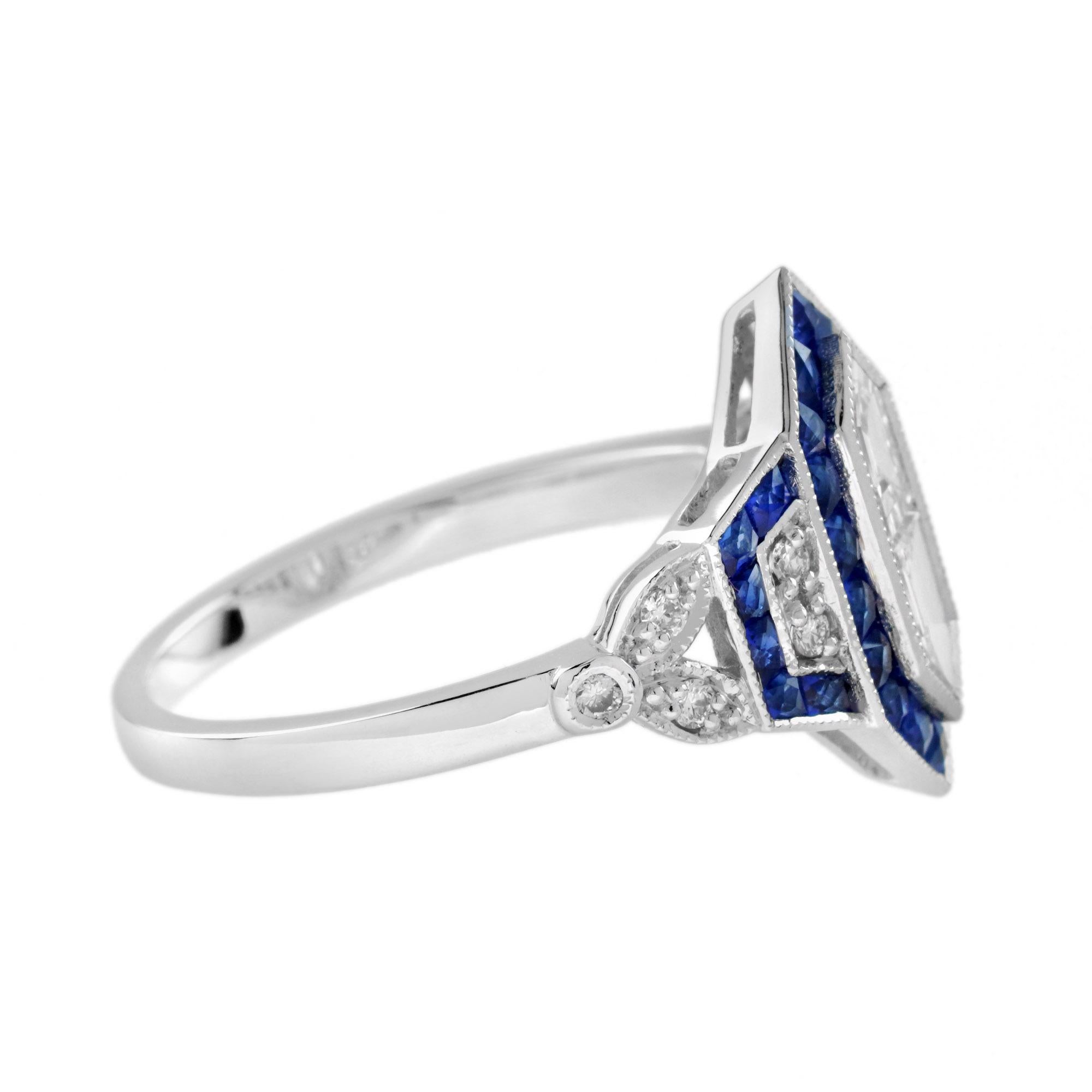 Anello in oro bianco in stile Art Deco con diamanti e zaffiri blu incastonati a raggiera In condizioni Nuovo in vendita a Oakton, VA