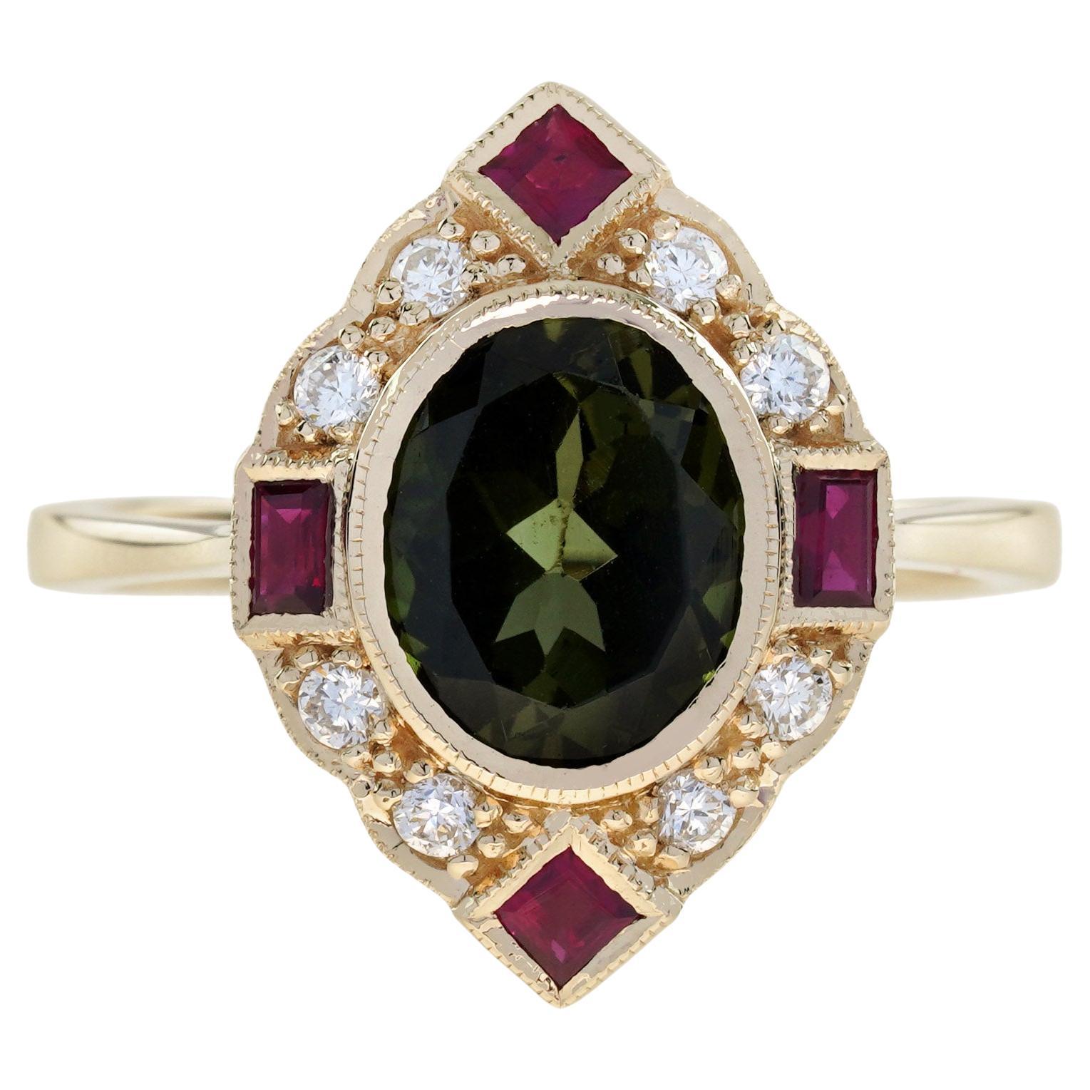 Bague en or jaune 14K avec tourmaline verte, rubis et diamant de style Art Deco Halo