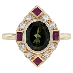 Green Tourmaline Ruby & Diamond Art Deco Style Halo 14K Yellow Gold Ring