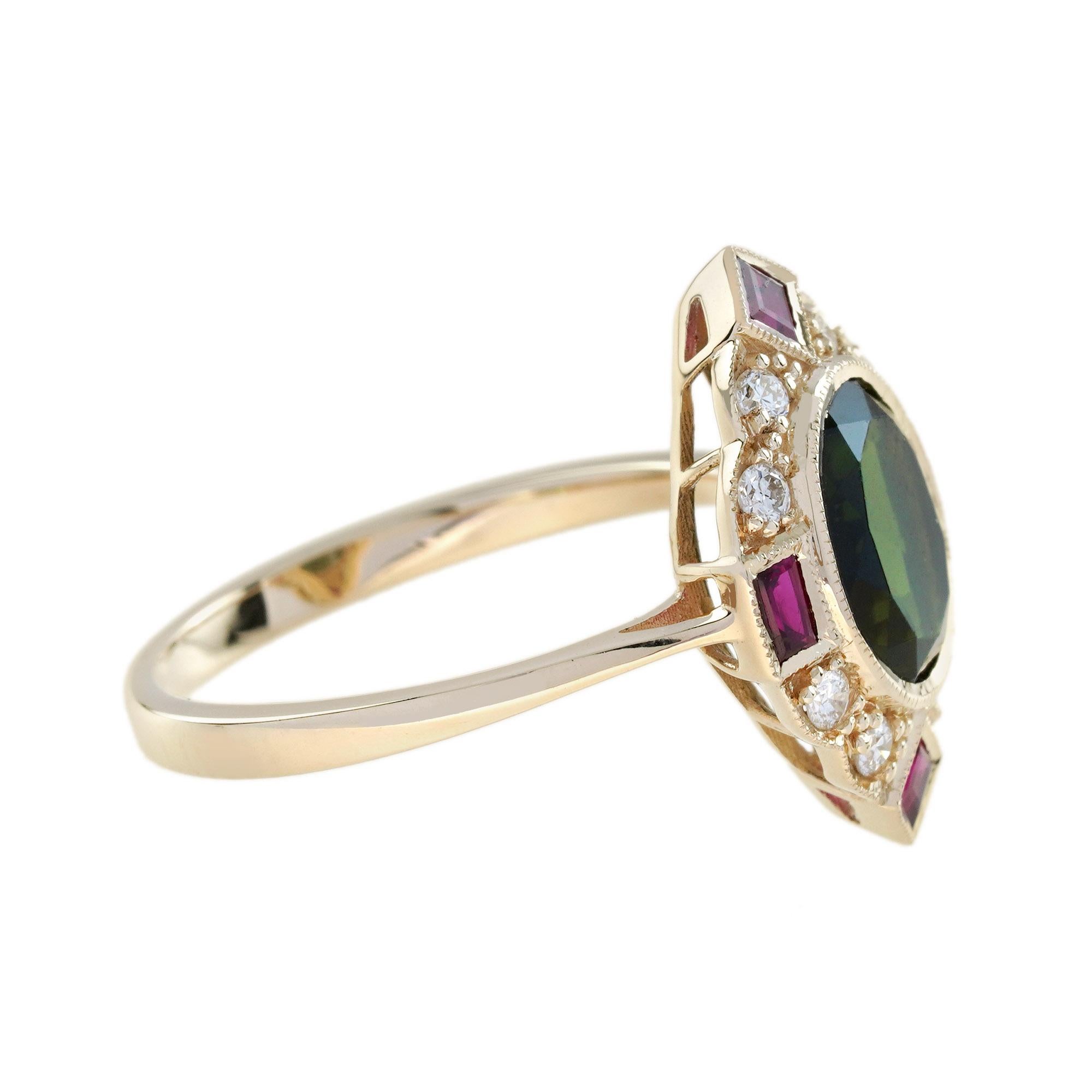 Taille ovale Bague en or jaune 14K avec tourmaline verte, rubis et diamant de style Art Deco Halo en vente