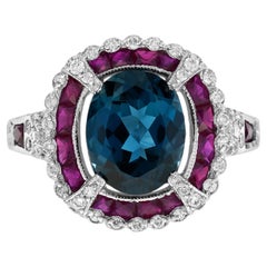 Oval Shape London Blue Topaz Ruby & Diamond Art Deco Style Halo White Gold Ring