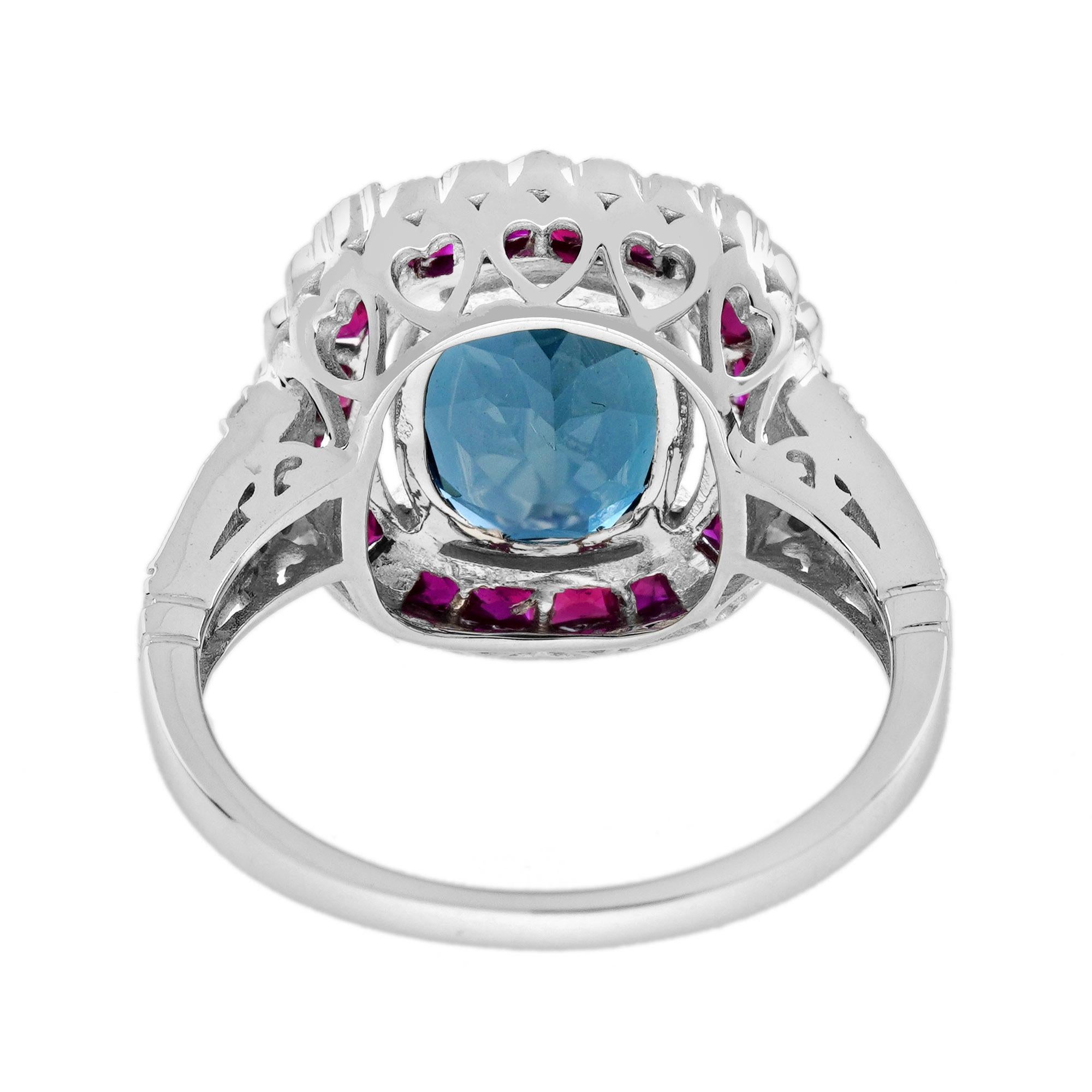 Taglio ovale Anello in oro bianco con diamante e rubino Topazio Blu di Londra di forma ovale, in stile Art Deco con alone in vendita