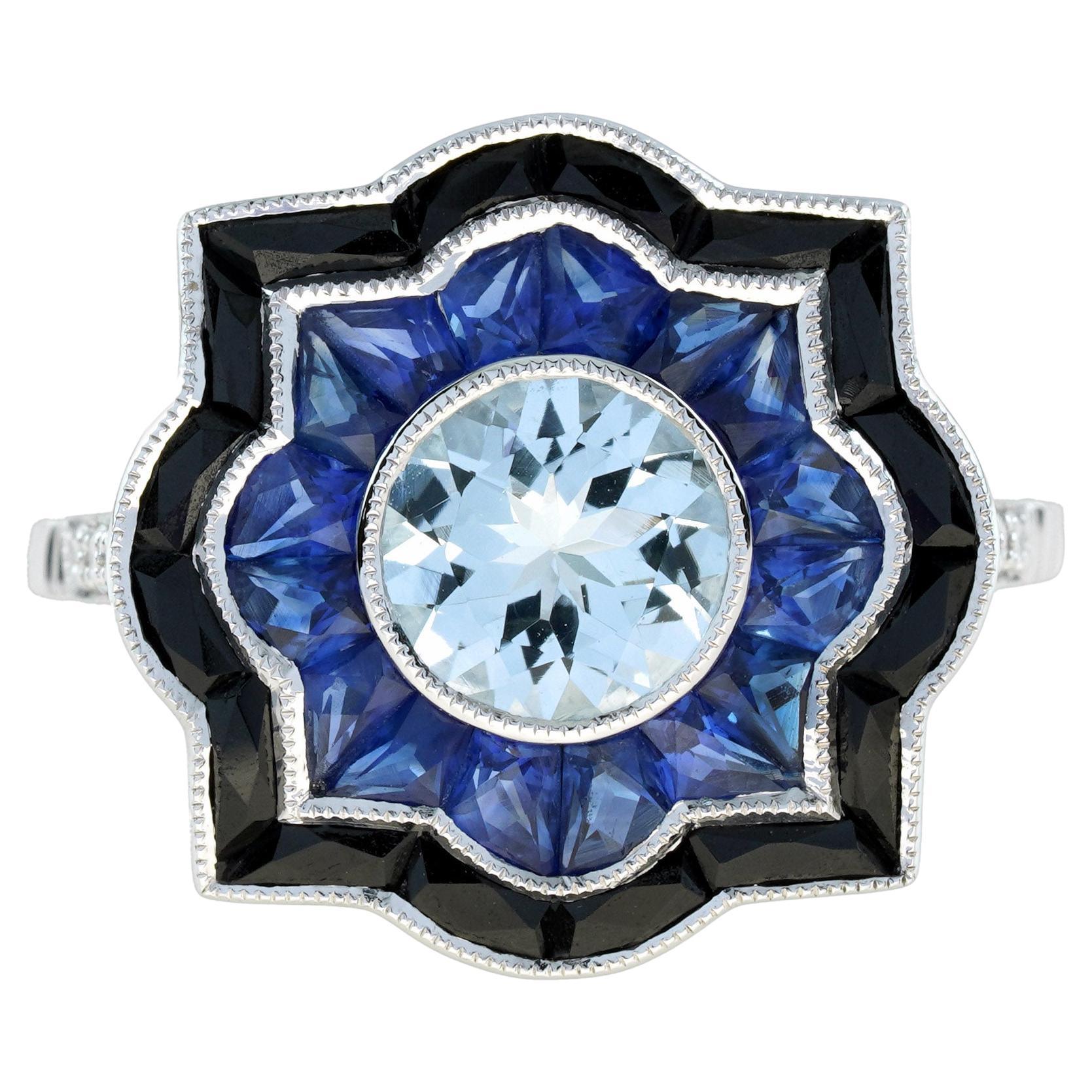 Bague de fiançailles en or blanc aigue-marine saphir onyx style art déco cible en vente