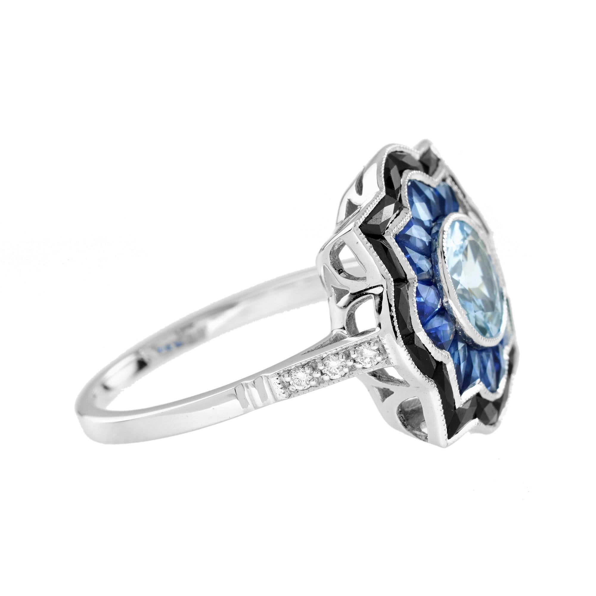 Art déco Bague de fiançailles en or blanc aigue-marine saphir onyx style art déco cible en vente