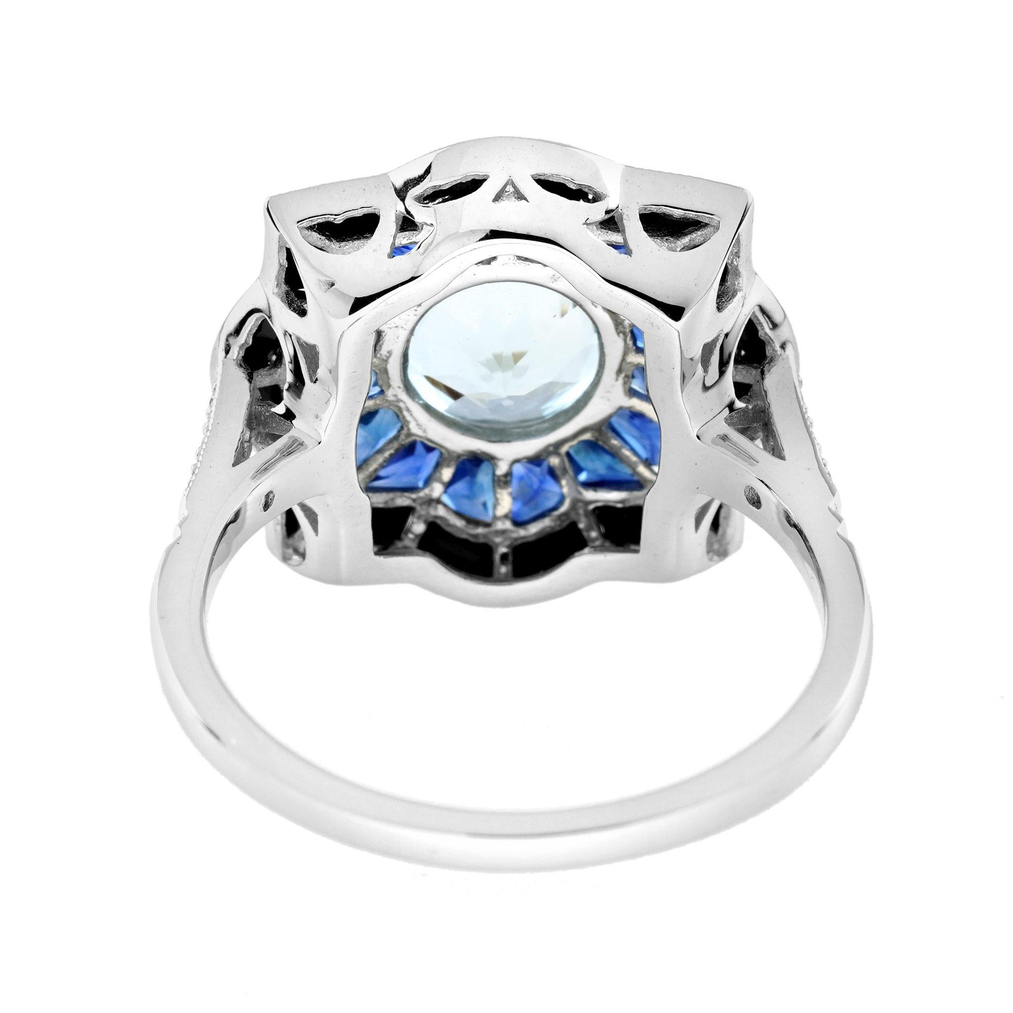 Taille ronde Bague de fiançailles en or blanc aigue-marine saphir onyx style art déco cible en vente