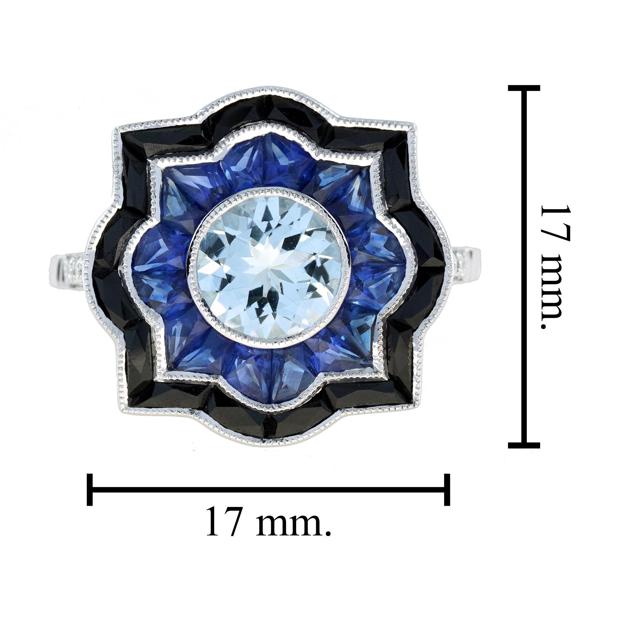 Bague de fiançailles en or blanc aigue-marine saphir onyx style art déco cible en vente 2