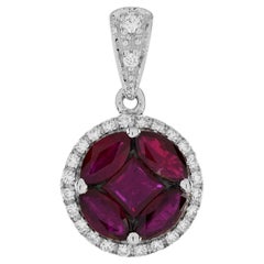 Illusion Set Red Pink Ruby & Diamond Halo 18K White Gold Pendant