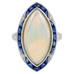 Large Marquise White Opal & Blue Sapphire Diamond Art Deco Style Cocktail Ring