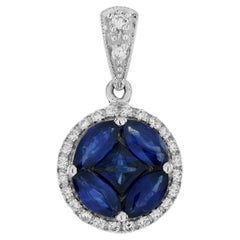 Illusion Set Blue Sapphire & Diamond Halo 18K White Gold Pendant