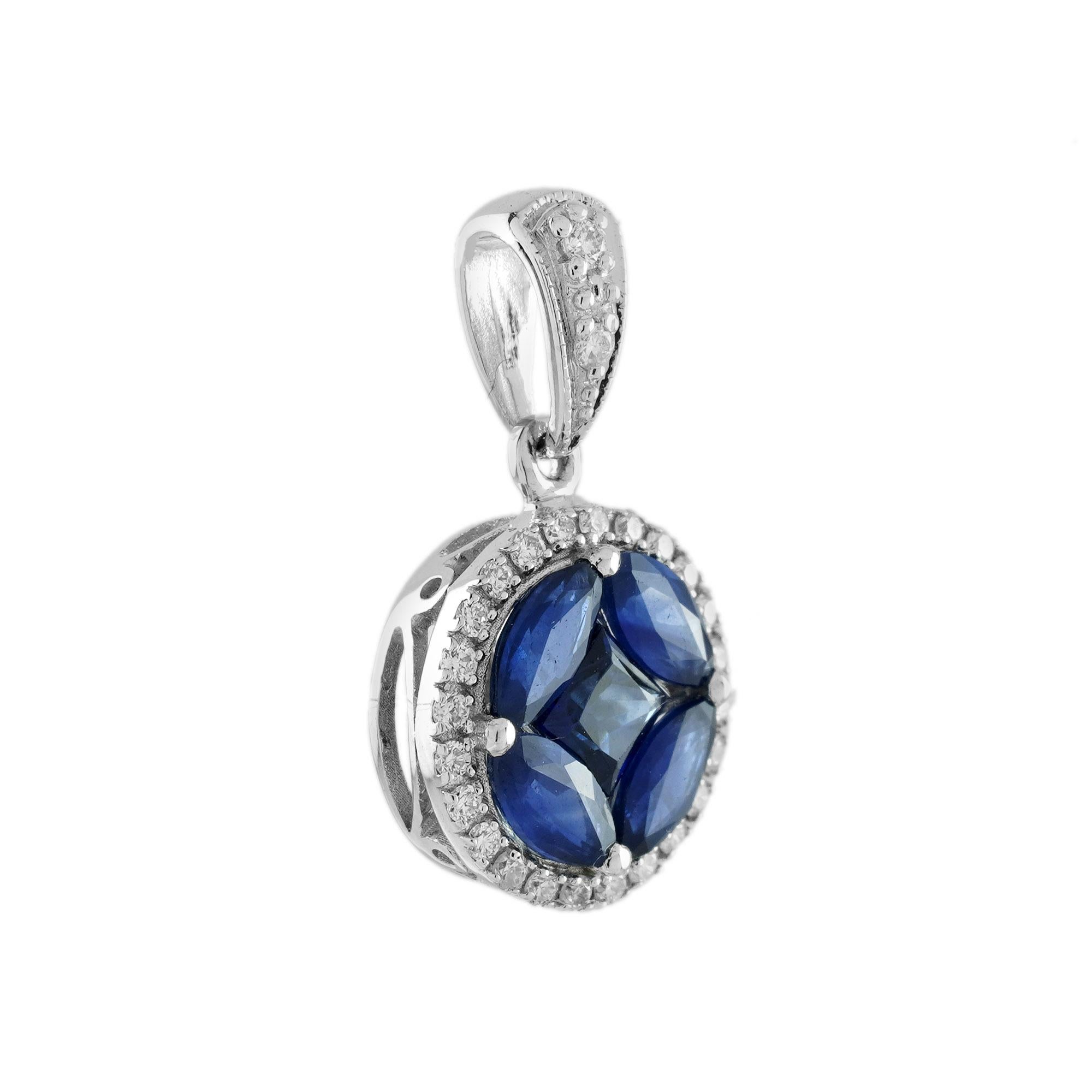 Questo accattivante pendente contemporaneo a 18 carati presenta un'impressionante montatura in oro bianco, con zaffiri blu multiformi che formano un cerchio di 8 mm, accentuato da 0,13 carati di diamanti bianchi rotondi a taglio brillante. Il