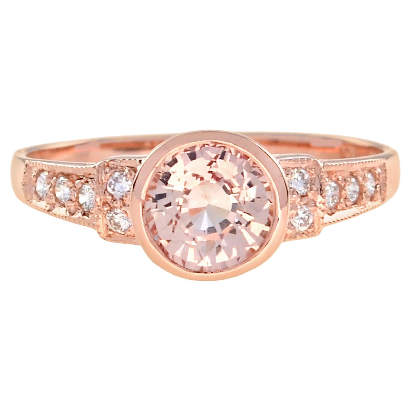 Anello rotondo Brilliante con Morganite Rosa e Diamante in stile classico in oro rosa 14K in vendita
