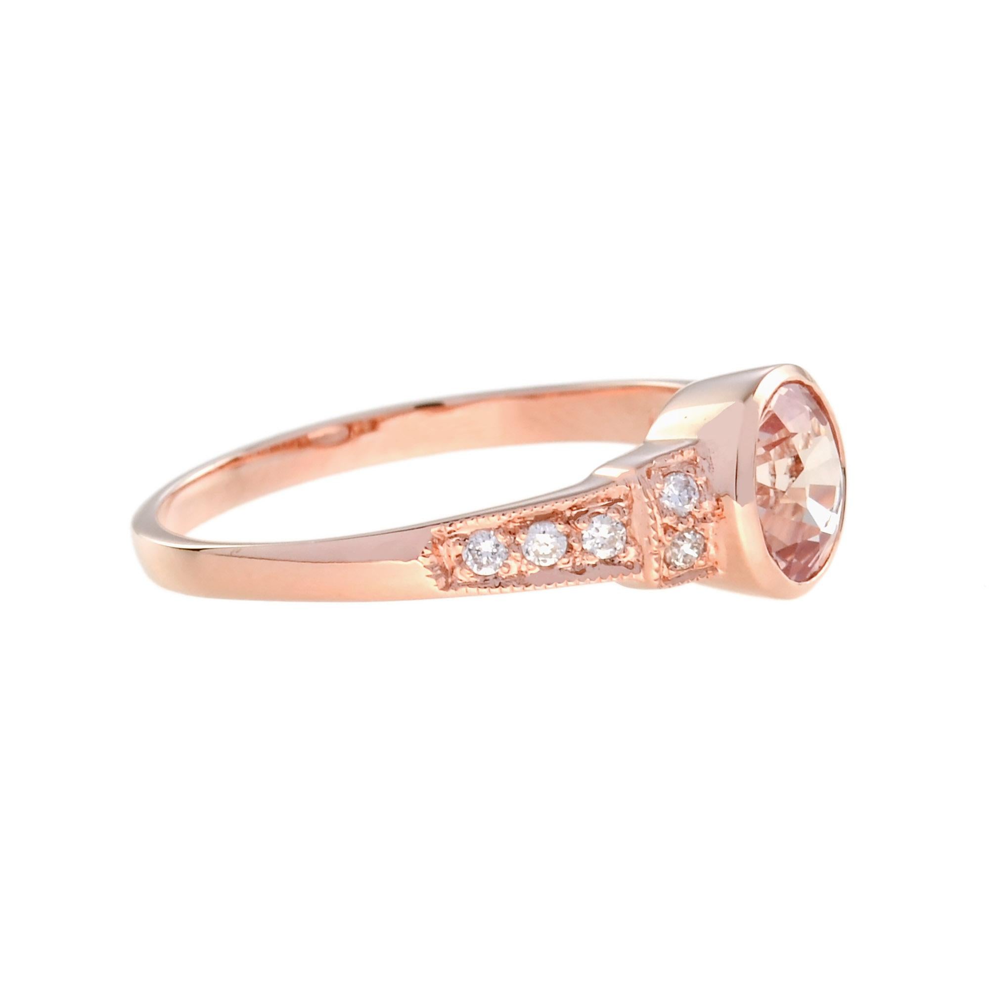 Art Déco Anello rotondo Brilliante con Morganite Rosa e Diamante in stile classico in oro rosa 14K in vendita