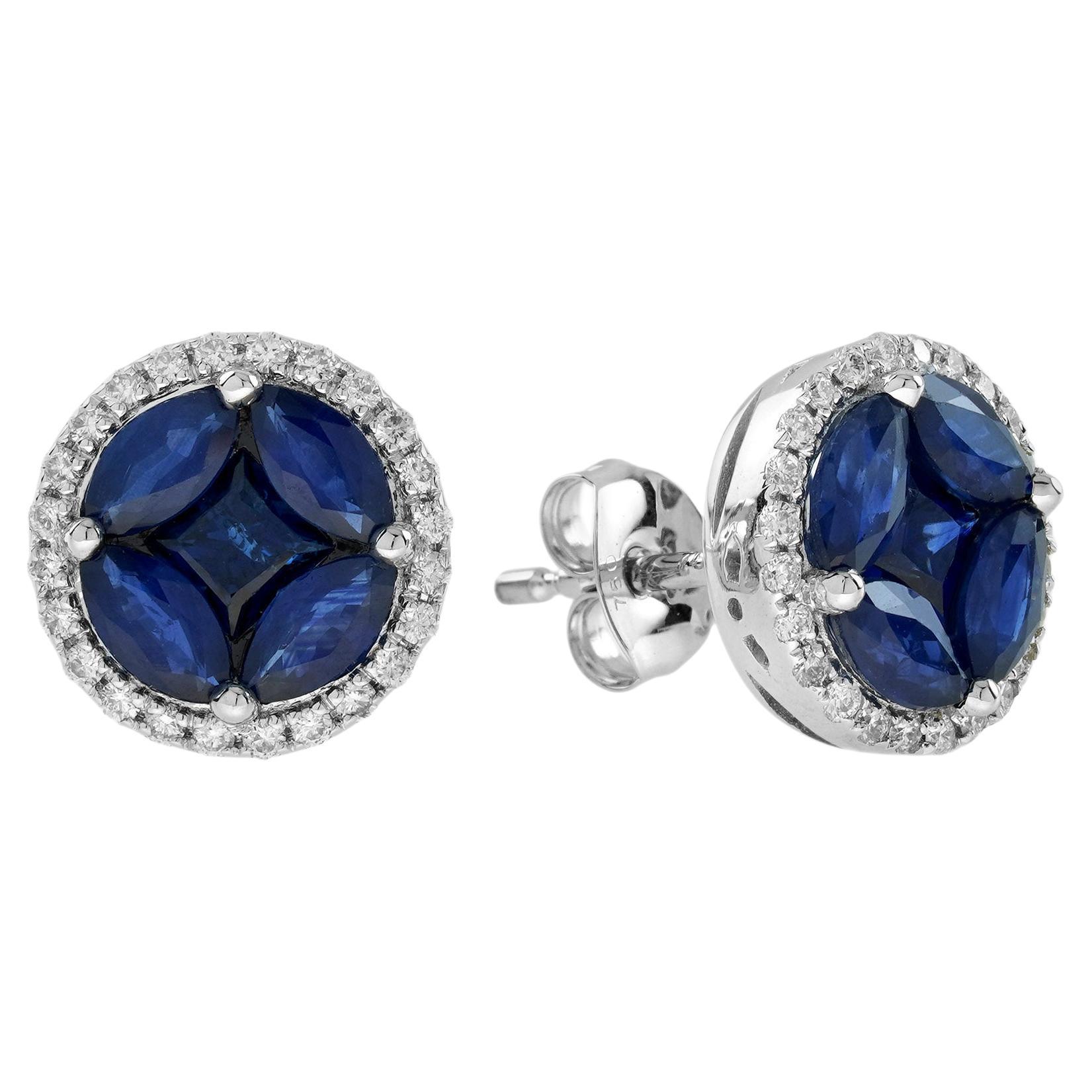 Orecchini con zaffiro blu e diamante aureolato in oro bianco 18 carati con incastonatura a illusione