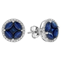 Illusion Set Blue Sapphire & Diamond Halo 18K White Gold Stud Earrings