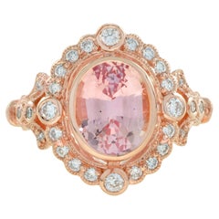 Oval Shape Peach Pink Morganite & Diamond Vintage Style Halo 14K Rose Gold Ring