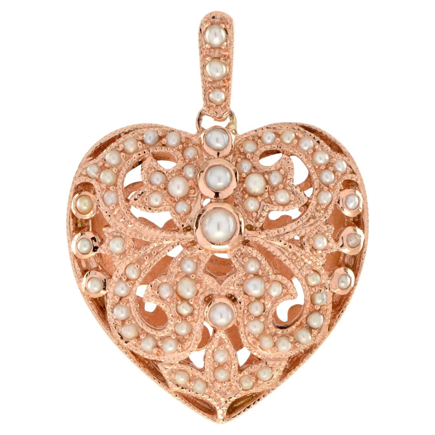 Ciondolo in oro rosa con cuore filigranato in stile vintage con perle bianche naturali d'acqua dolce