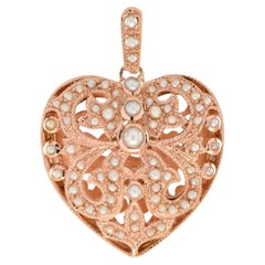 Natural White Fresh Water Pearl Vintage Style Filigree Heart Rose Gold Pendant