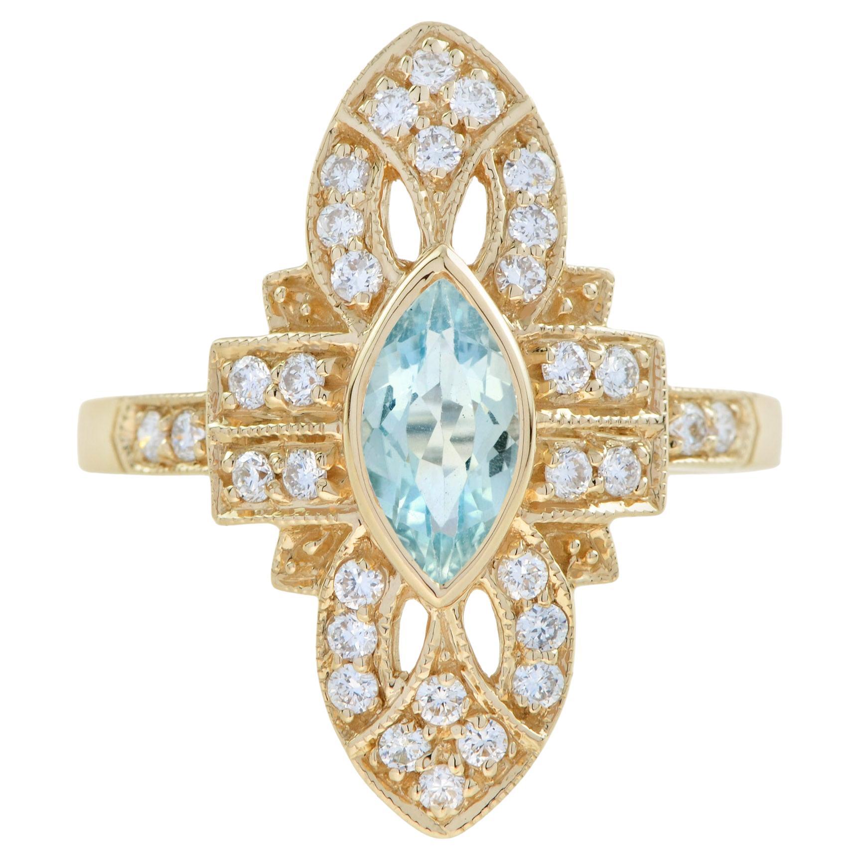 Bague en or jaune 14K avec aigue-marine bleue et diamant de style art déco en forme de marquise en vente