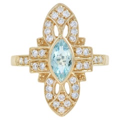 Blue Aquamarine & Diamond Art Deco Style Marquise Shape 14K Yellow Gold Ring