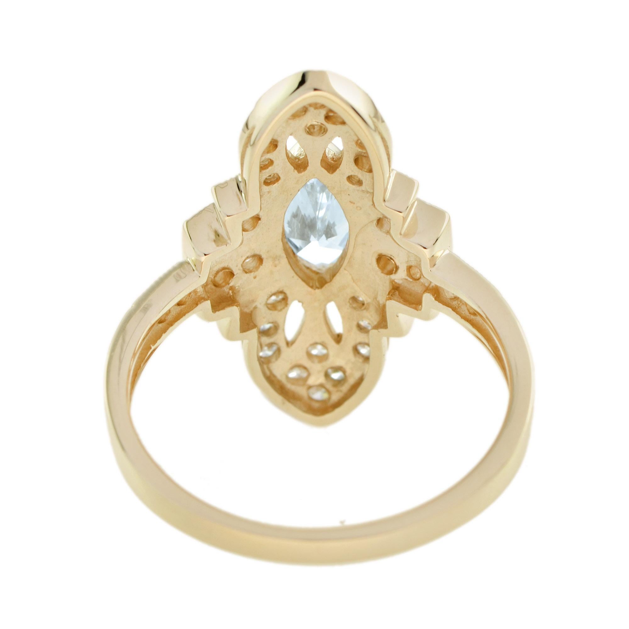 Taille Marquise Bague en or jaune 14K avec aigue-marine bleue et diamant de style art déco en forme de marquise en vente