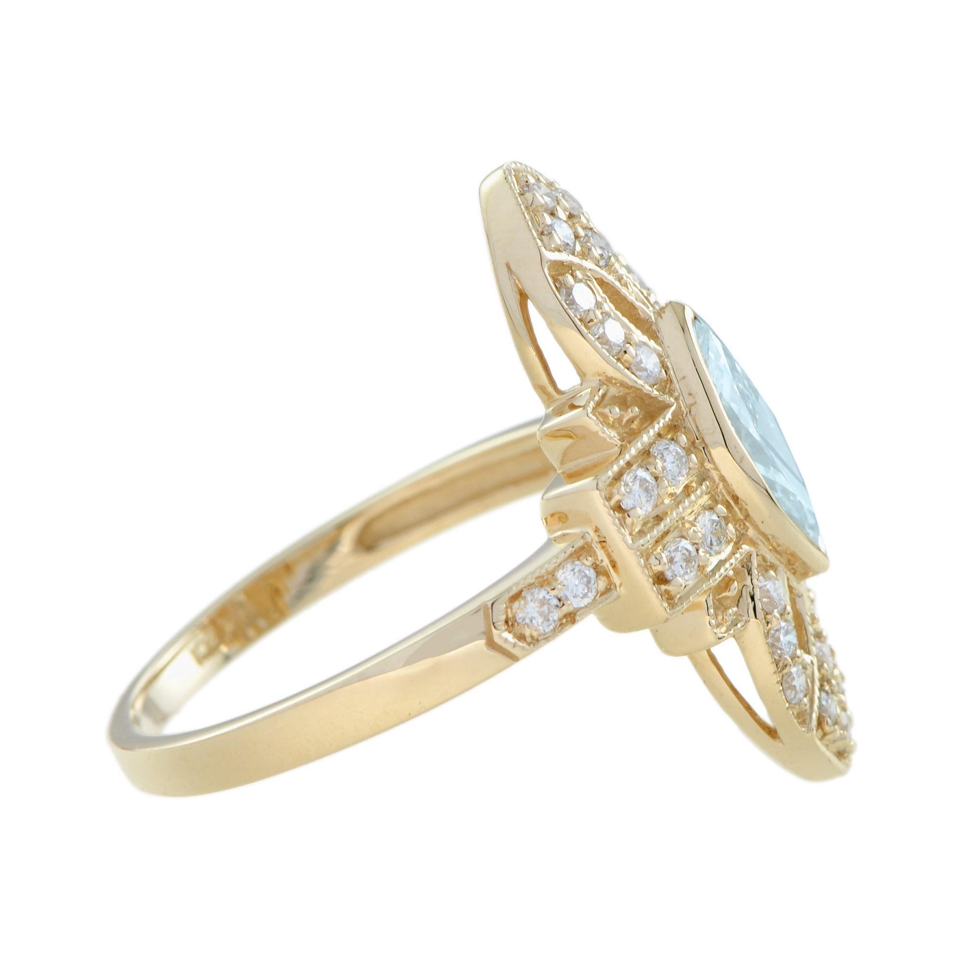 Art déco Bague en or jaune 14K avec aigue-marine bleue et diamant de style art déco en forme de marquise en vente