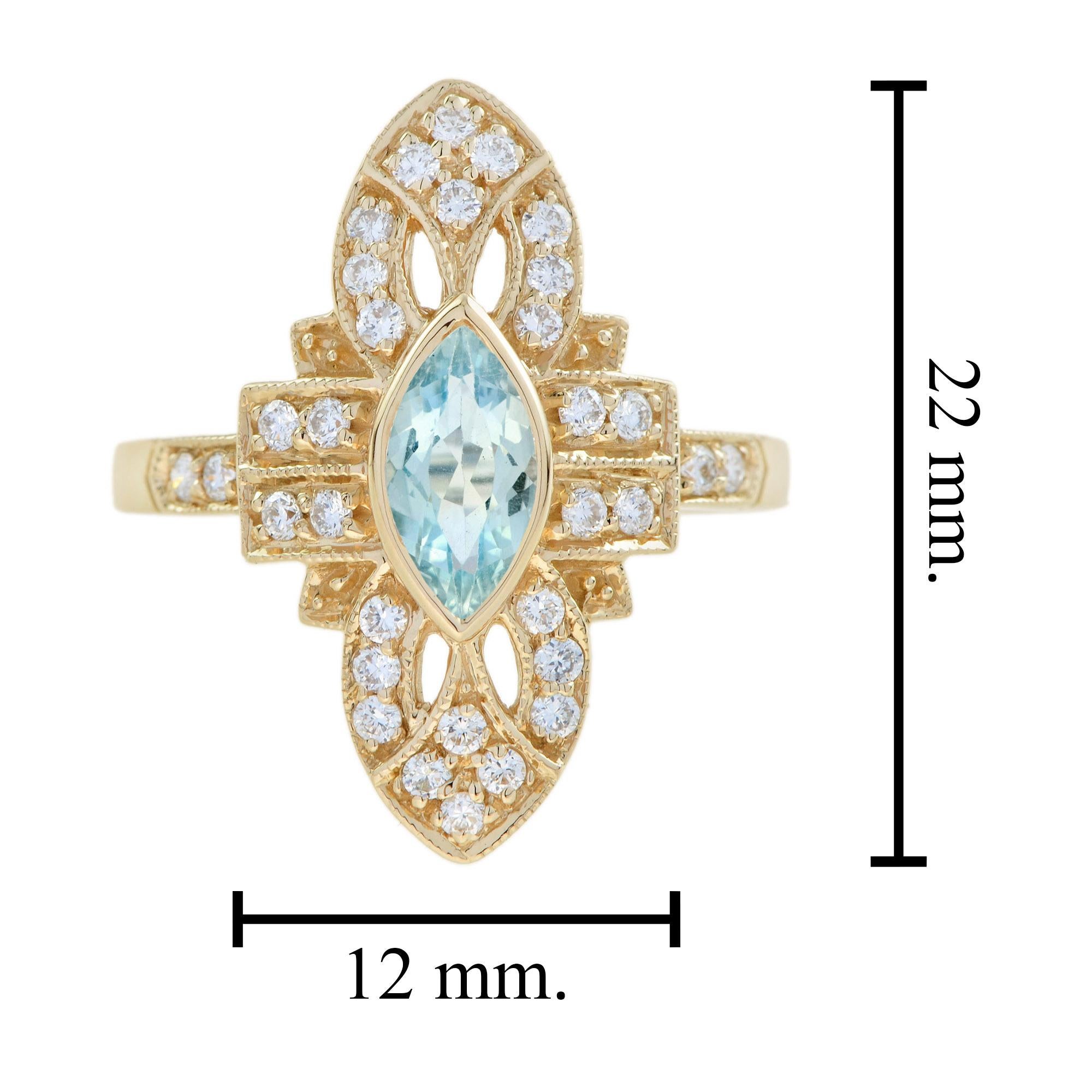 Bague en or jaune 14K avec aigue-marine bleue et diamant de style art déco en forme de marquise Unisexe en vente