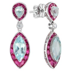 Blue Topaz Ruby & Diamond Marquise Shape Drop 14K White Gold Unique Earrings