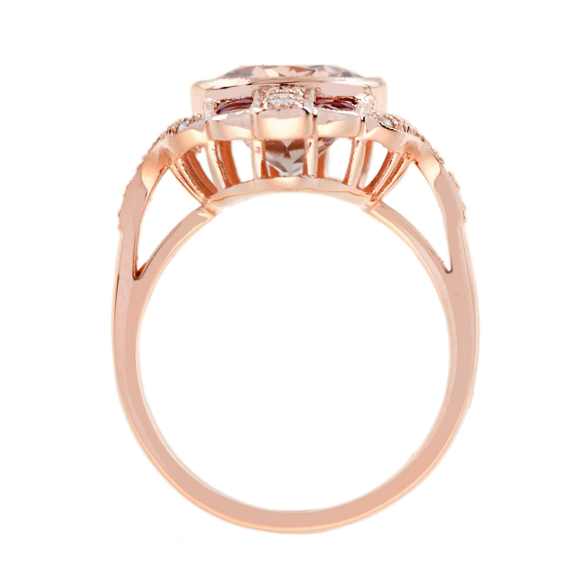 Anello in oro rosa 14K di forma ovale con morganite e zaffiro arancione e diamanti in stile Art Deco In condizioni Nuovo in vendita a Oakton, VA
