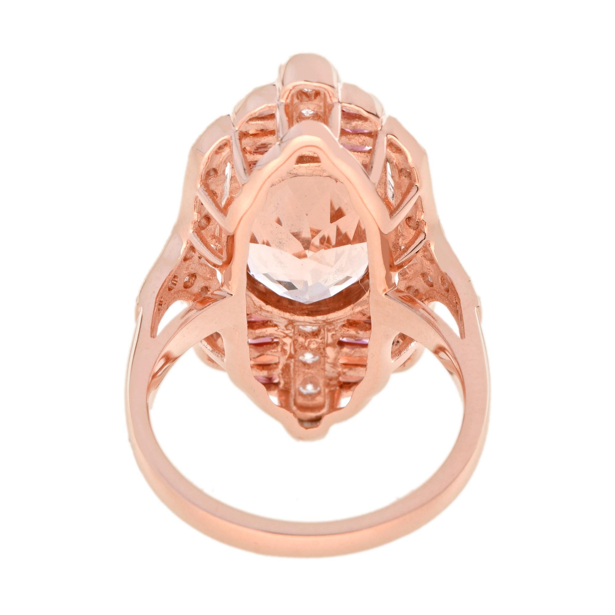 Taglio ovale Anello in oro rosa 14K di forma ovale con morganite e zaffiro arancione e diamanti in stile Art Deco in vendita