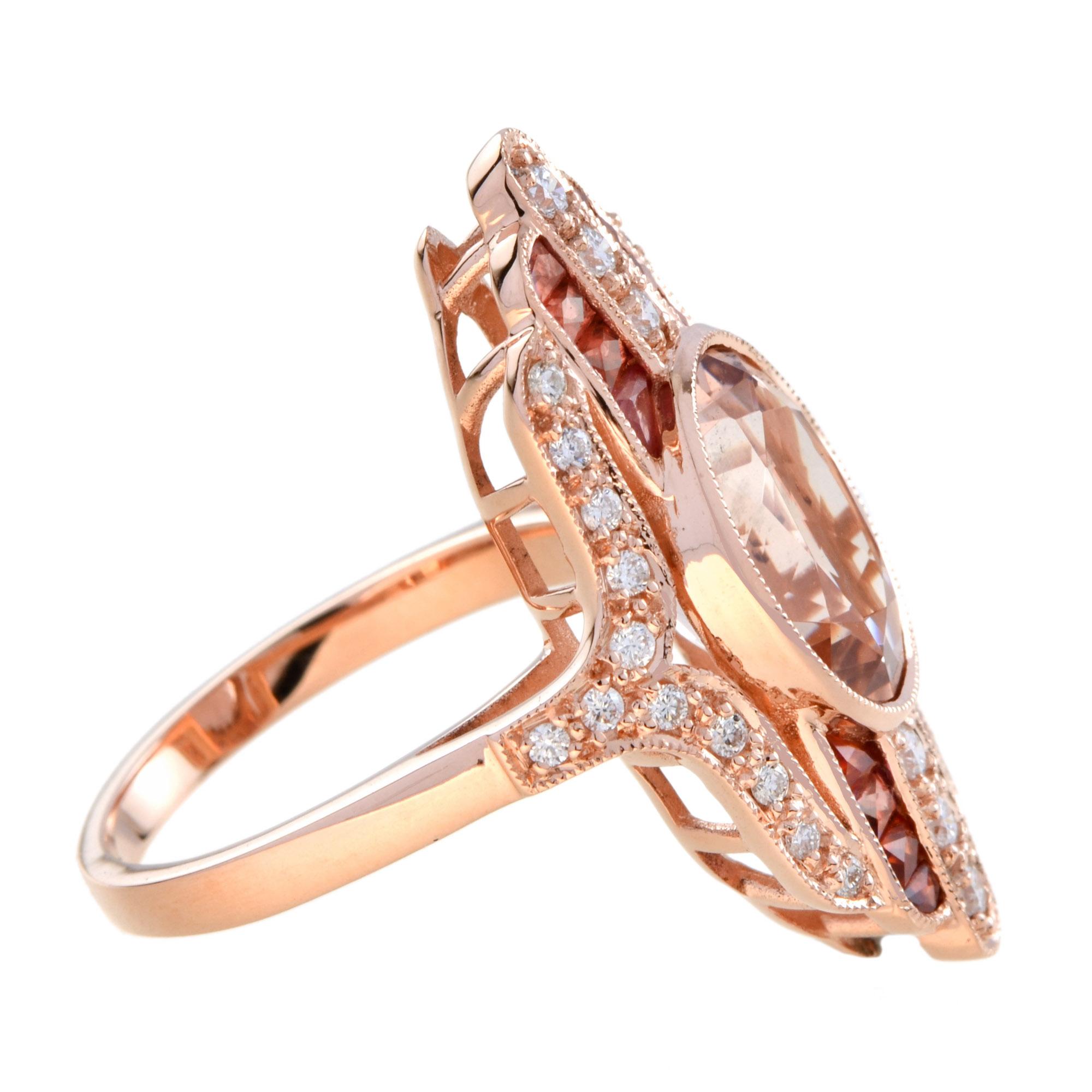 Art Déco Anello in oro rosa 14K di forma ovale con morganite e zaffiro arancione e diamanti in stile Art Deco in vendita