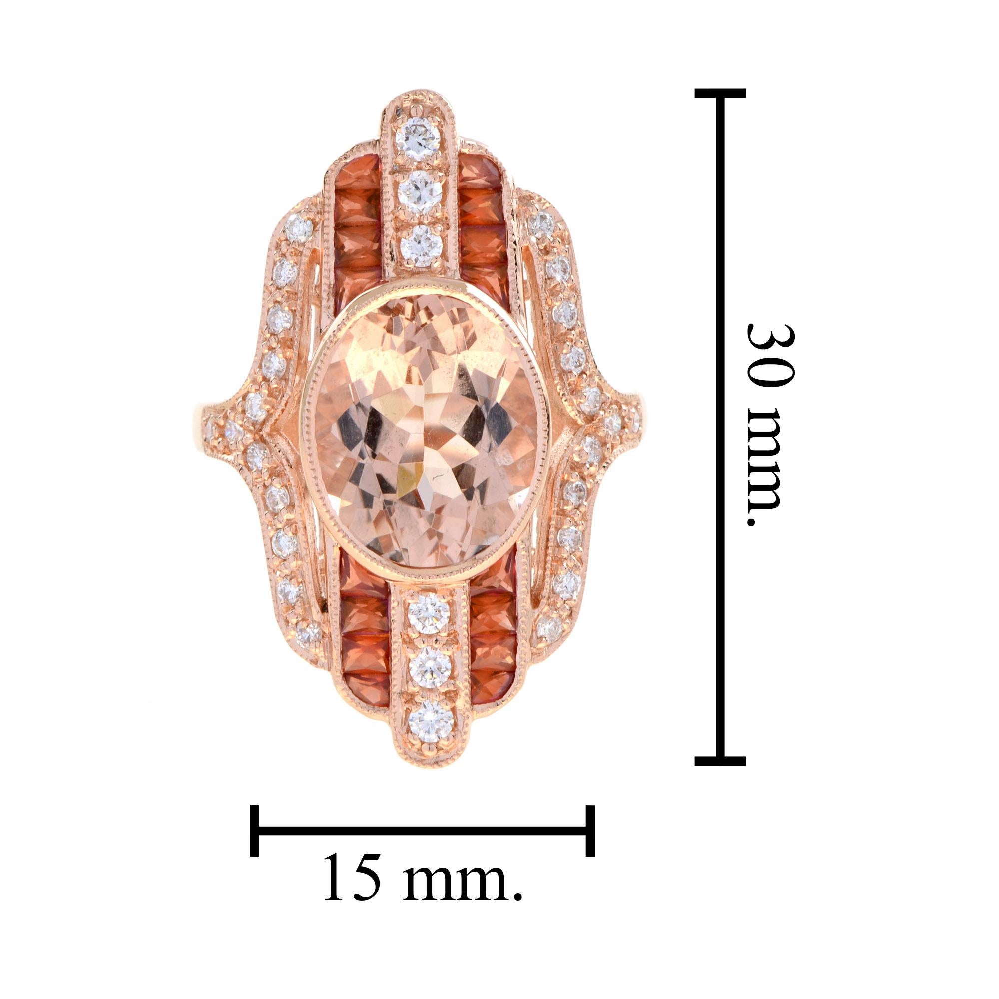 Donna Anello in oro rosa 14K di forma ovale con morganite e zaffiro arancione e diamanti in stile Art Deco in vendita