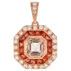 Asscher Morganite Orange Sapphire Diamond Art Deco Style Octagon Gold Pendant