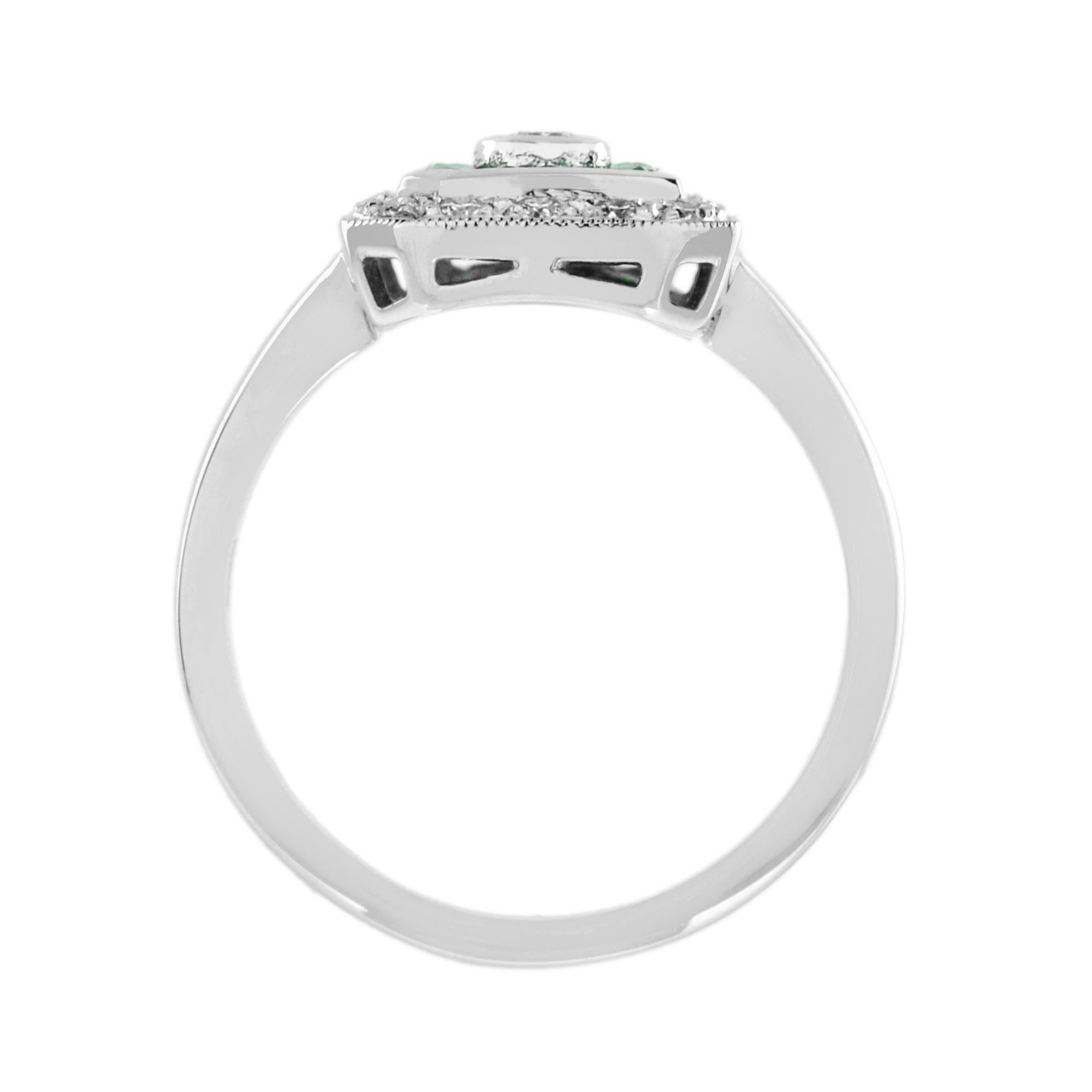Anello con diamante e smeraldo verde a raggiera in stile Art Deco in oro bianco 14K In condizioni Nuovo in vendita a Oakton, VA