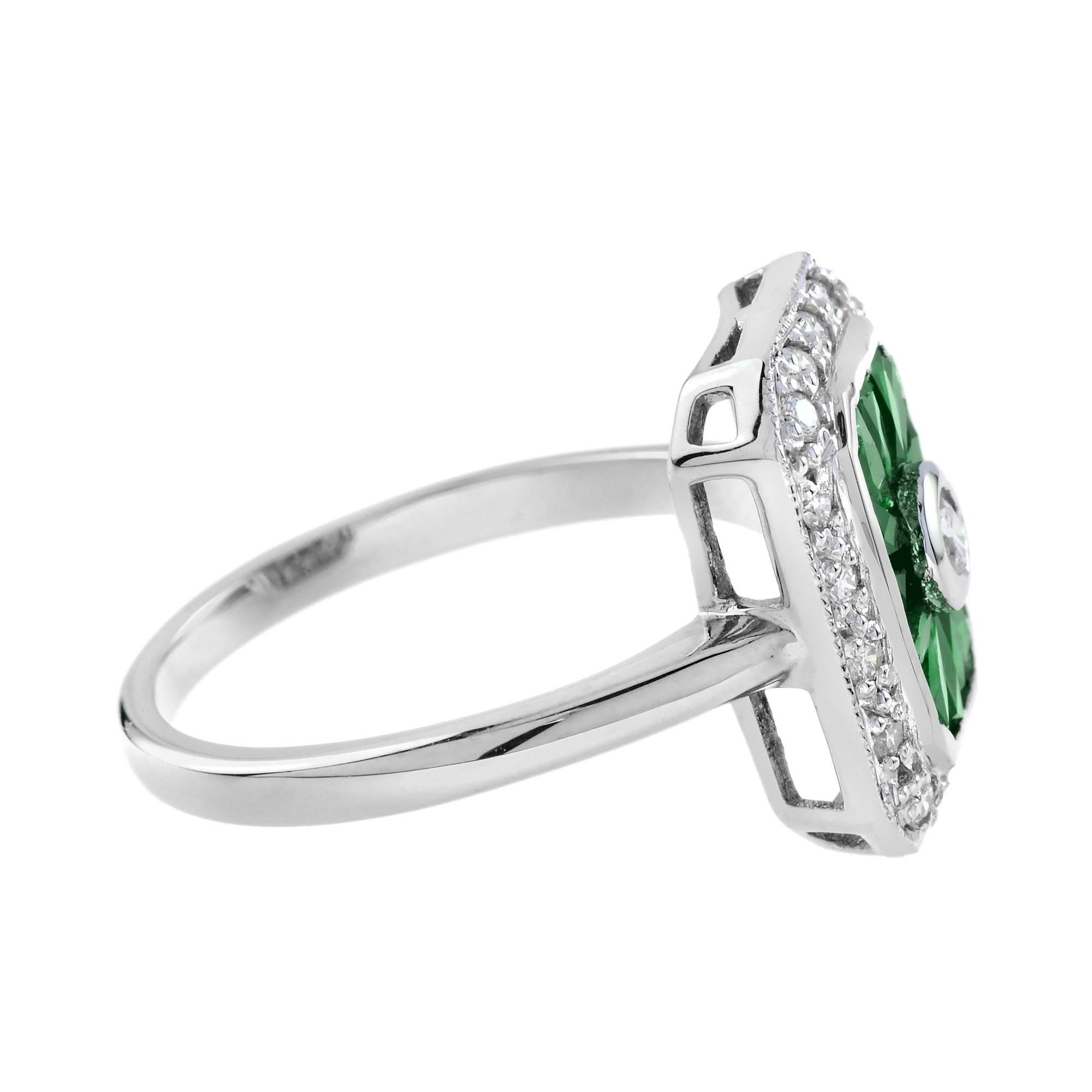 Art Déco Anello con diamante e smeraldo verde a raggiera in stile Art Deco in oro bianco 14K in vendita