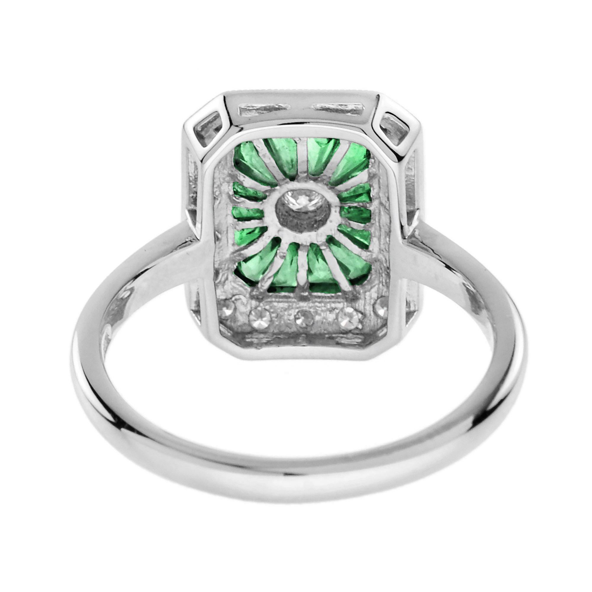 Taglio rotondo Anello con diamante e smeraldo verde a raggiera in stile Art Deco in oro bianco 14K in vendita