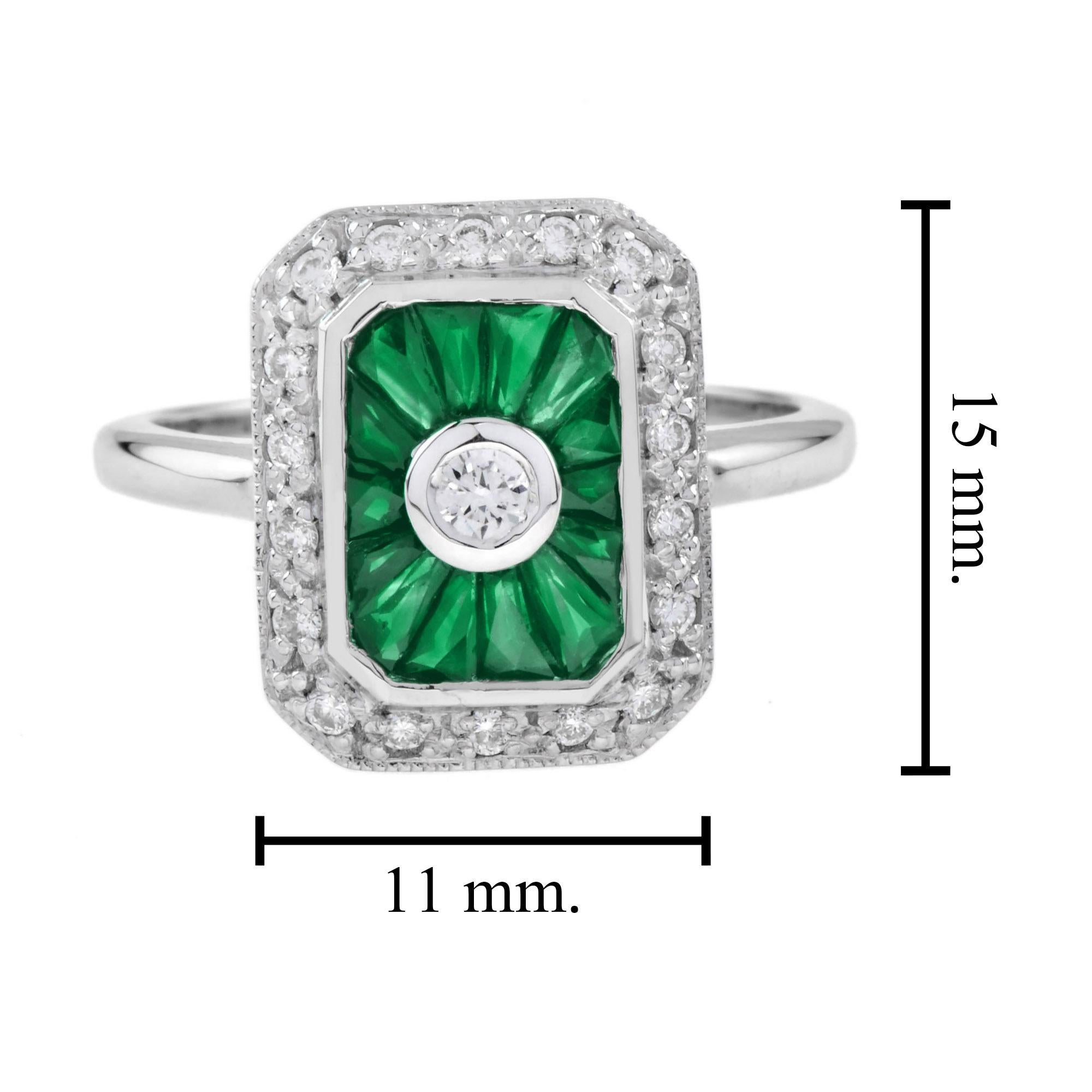 Donna Anello con diamante e smeraldo verde a raggiera in stile Art Deco in oro bianco 14K in vendita