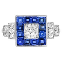 Diamond & Blue Sapphire Art Deco Style Square Shape 14K White Gold Ring