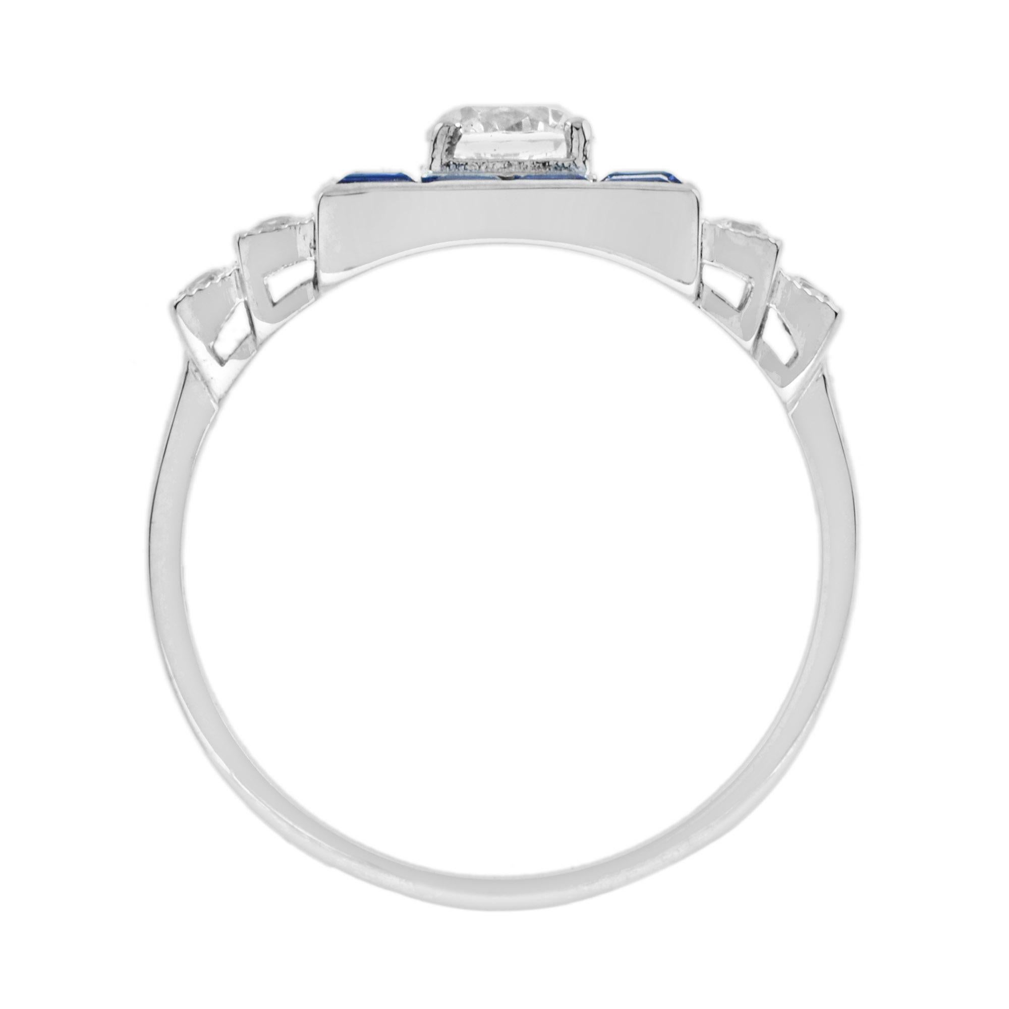 Bague en or blanc 14K avec diamant et saphir bleu de style Art déco et de forme carrée Neuf - En vente à Oakton, VA