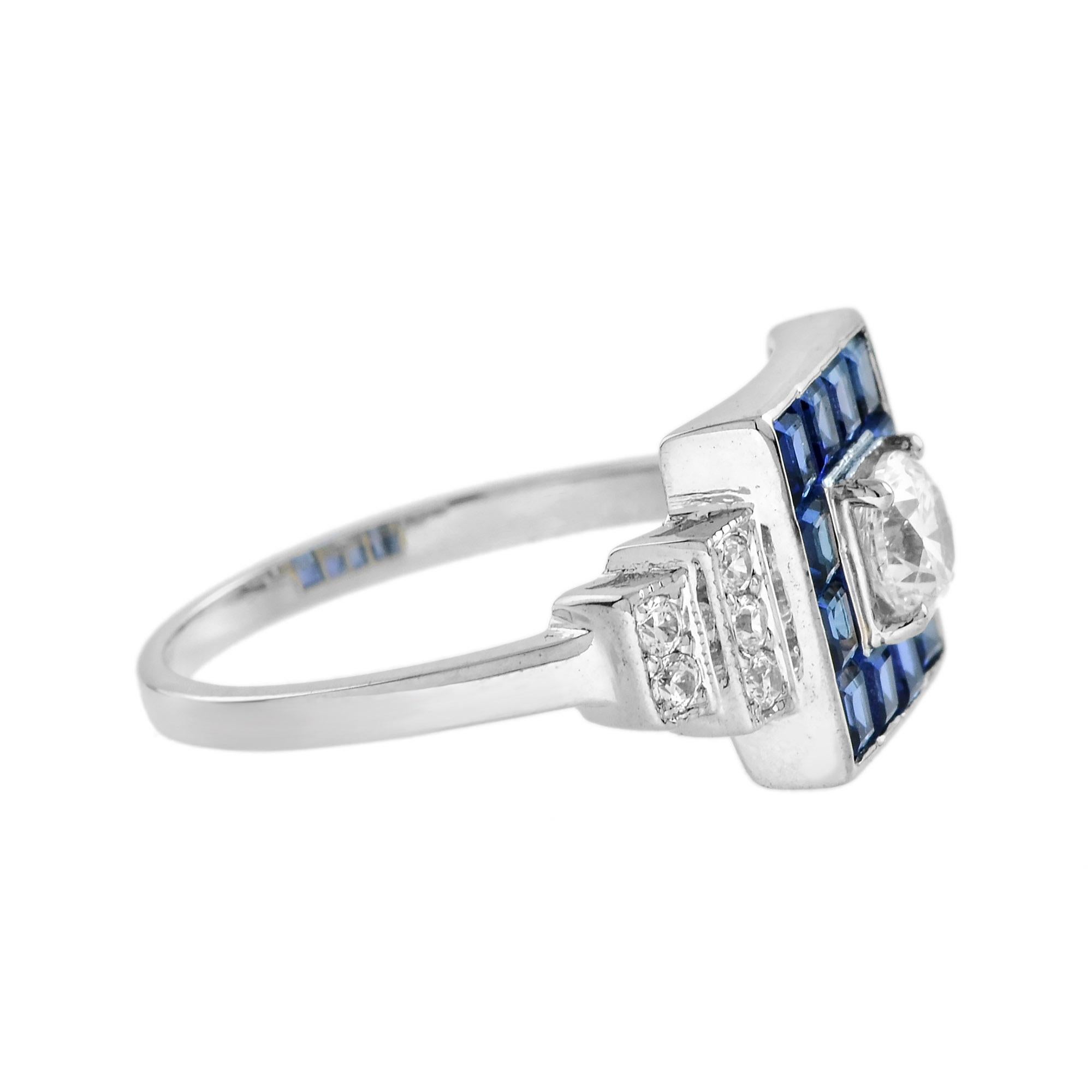 Taille ronde Bague en or blanc 14K avec diamant et saphir bleu de style Art déco et de forme carrée en vente