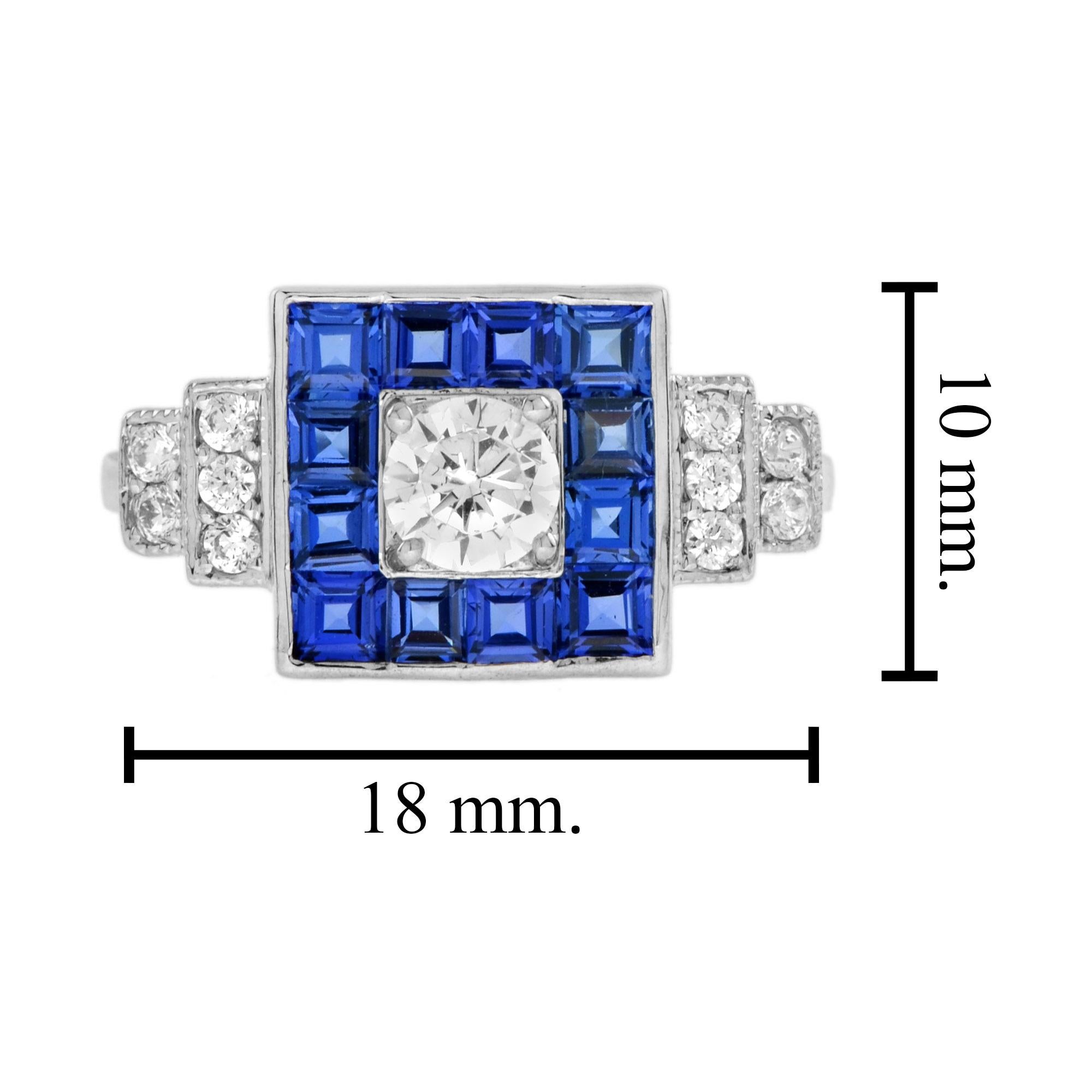 Bague en or blanc 14K avec diamant et saphir bleu de style Art déco et de forme carrée Unisexe en vente