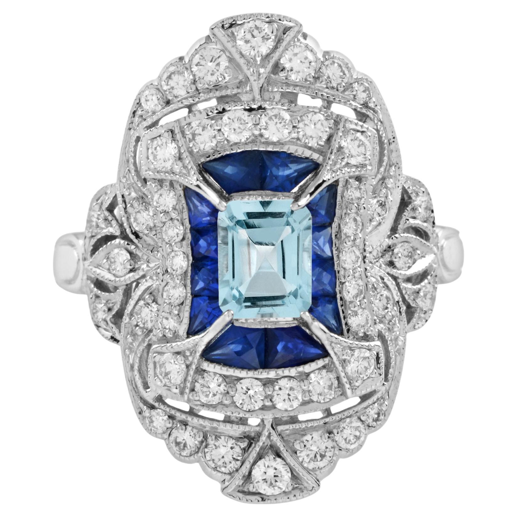 Aigue-marine bleue Saphir bleu Diamant Bague en or blanc 18K de style édouardien