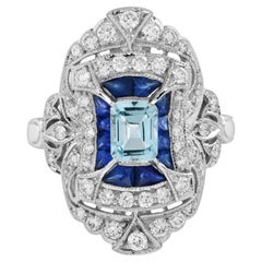 Blue Aquamarine Blue Sapphire Diamond Edwardian Style 18K White Gold Ring