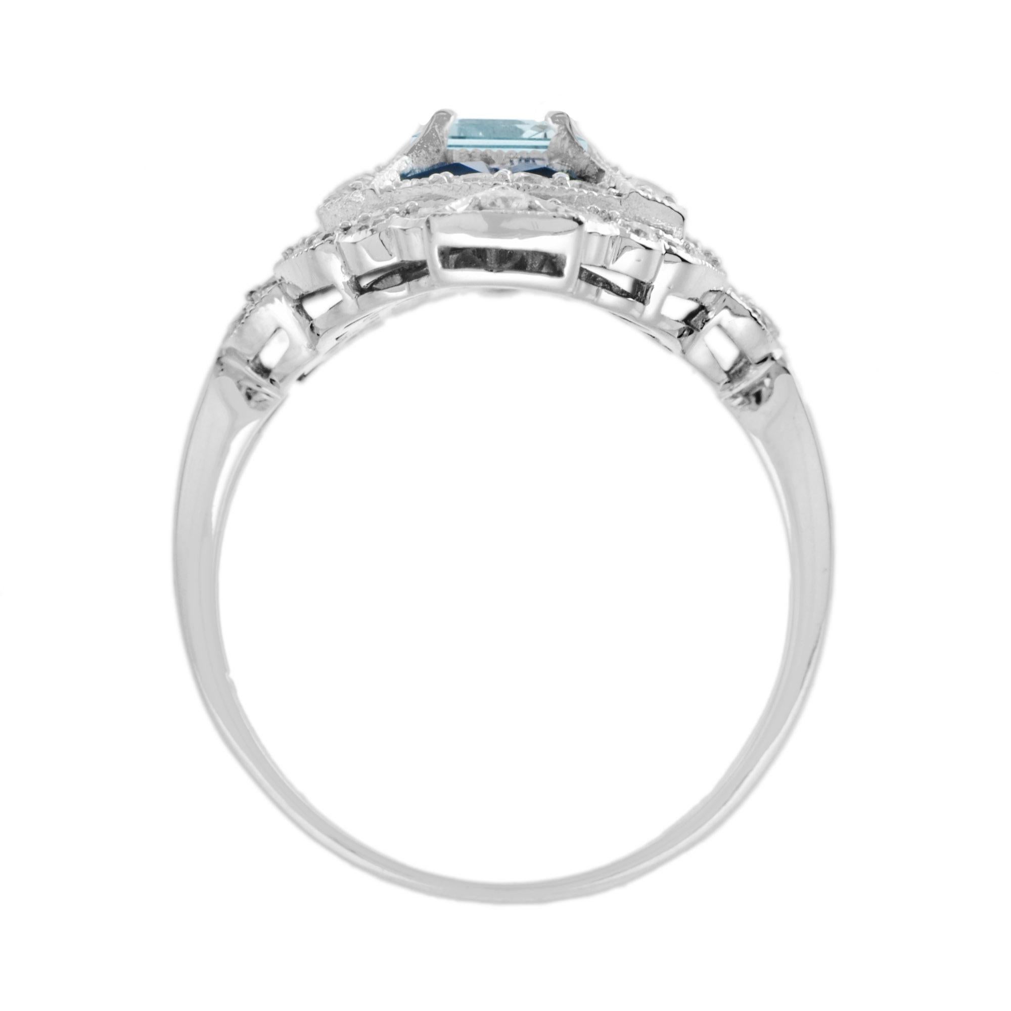 Aigue-marine bleue Saphir bleu Diamant Bague en or blanc 18K de style édouardien Neuf - En vente à Oakton, VA