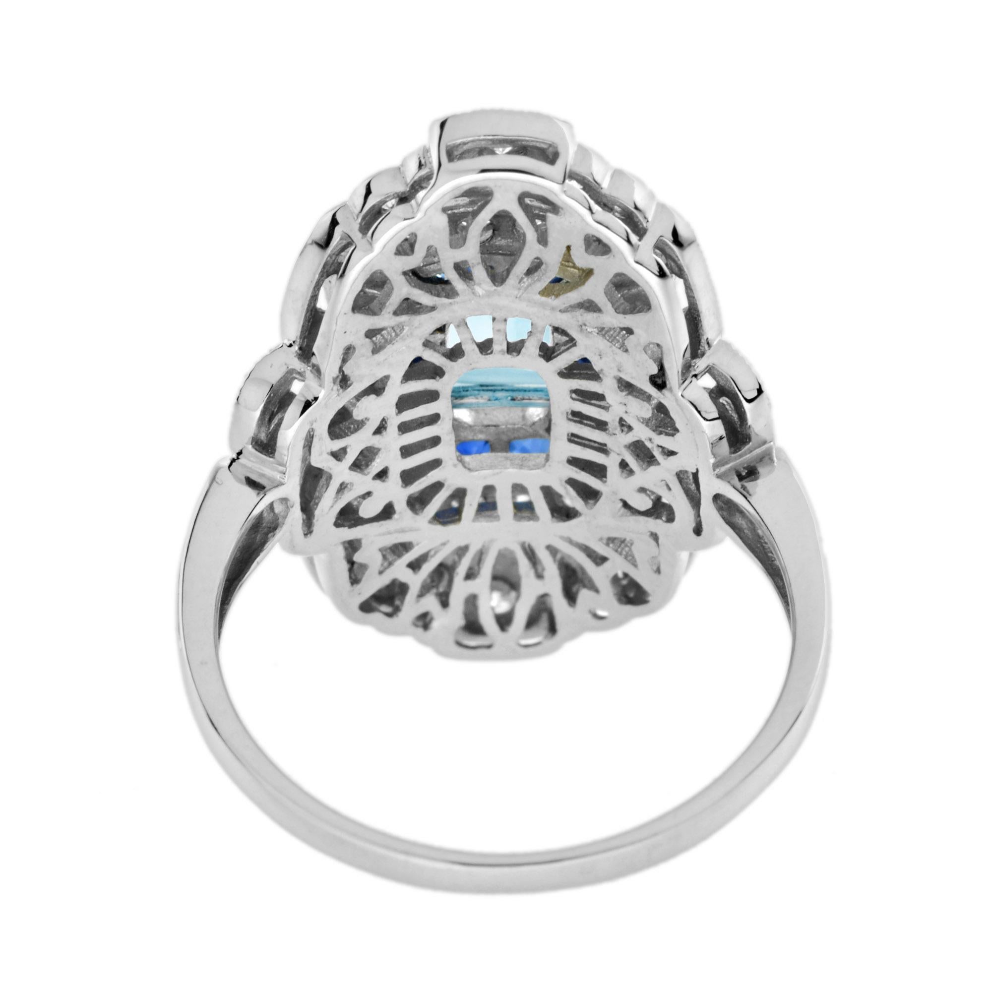 Taille octogone Aigue-marine bleue Saphir bleu Diamant Bague en or blanc 18K de style édouardien en vente