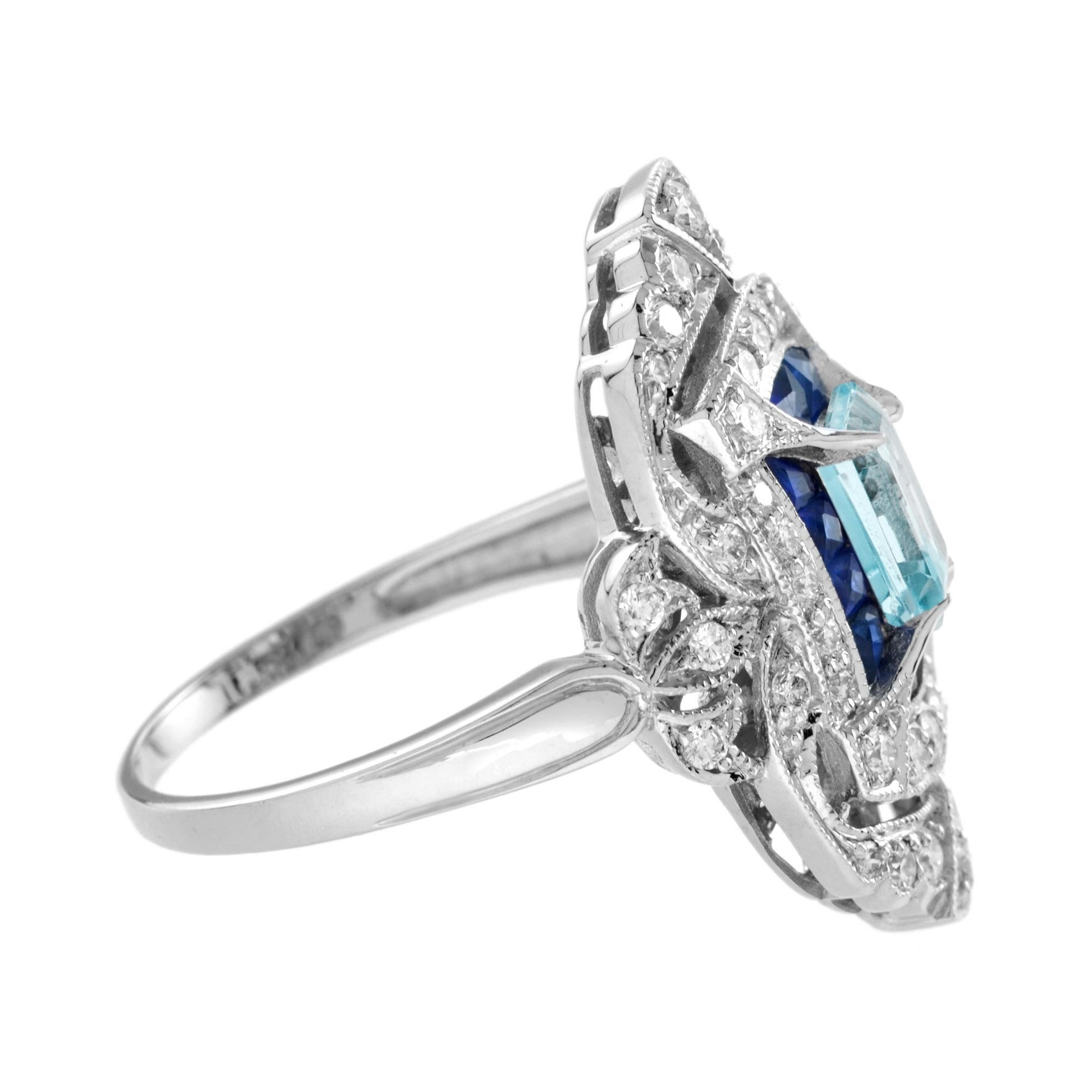 Art déco Aigue-marine bleue Saphir bleu Diamant Bague en or blanc 18K de style édouardien en vente