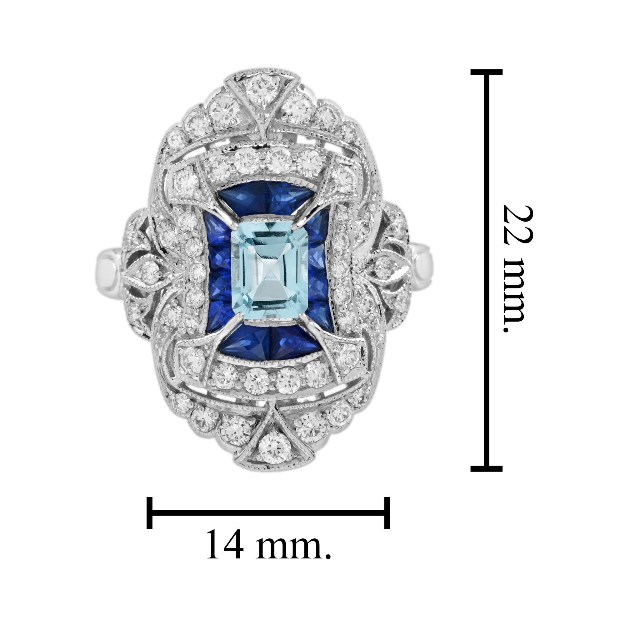 Aigue-marine bleue Saphir bleu Diamant Bague en or blanc 18K de style édouardien Pour femmes en vente