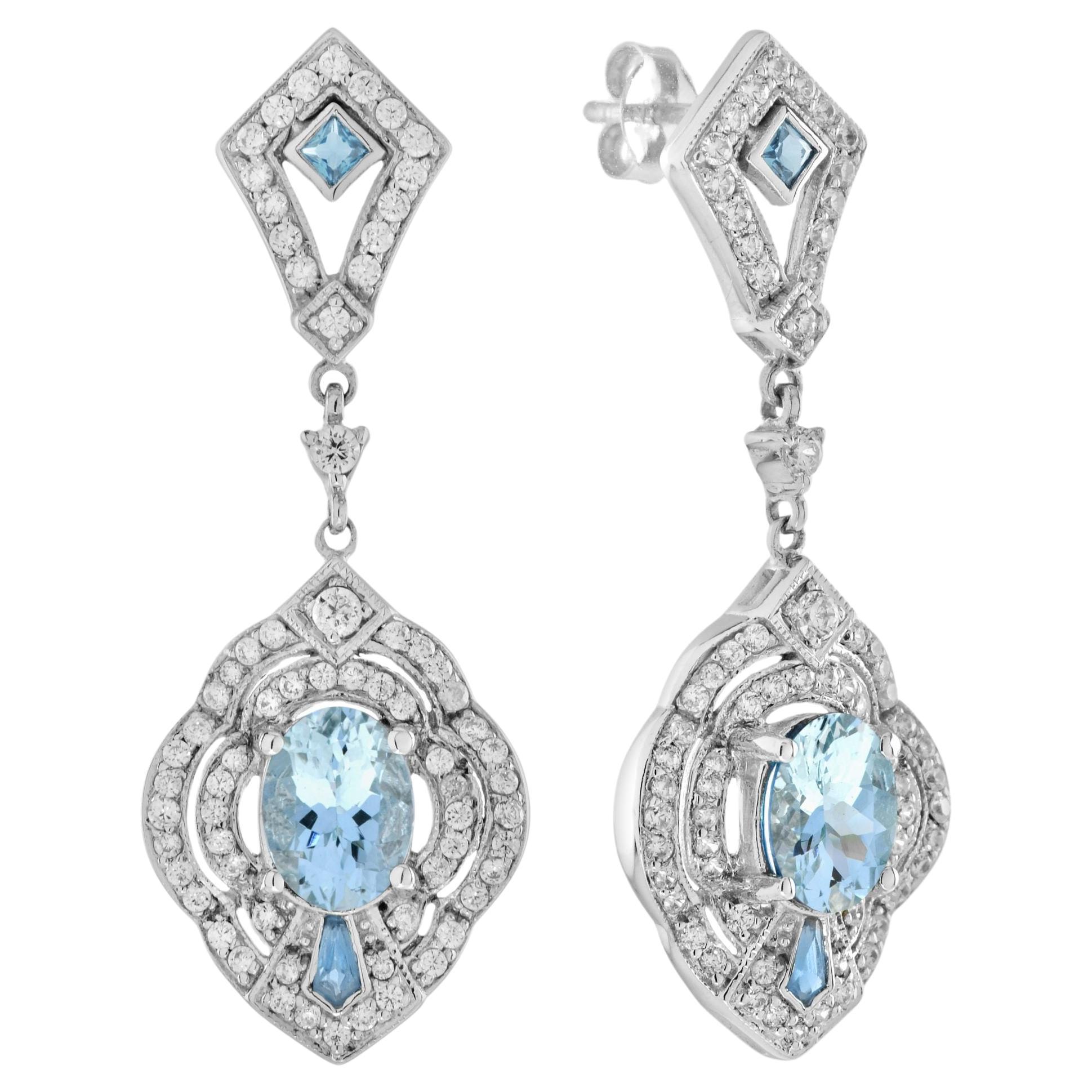 Orecchini blu ovali con acquamarina e diamanti in stile Art Deco in oro bianco 14K
